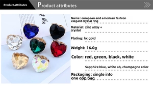 Detailed macro view showing diverse crystal colors and technical specifications of heart ring