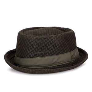 Dark brown breathable mesh jazz hat with olive band and metal logo on white backdrop