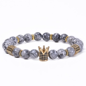 8mm natural map stone beaded bracelet with gold micro-pave zircon crown charm