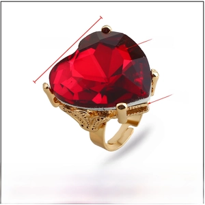 Detail view of heart-shaped red crystal ring with gold alloy dimensions and weight info