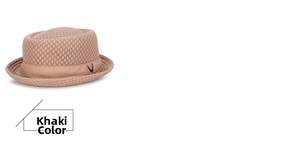 Detailed close-up of khaki breathable mesh fedora hat showing texture and V-logo detail