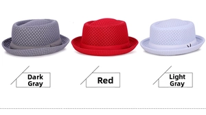 Three mesh fedora hats in dark grey, red, and light grey with breathable texture