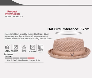 Detail of breathable sand beige woven sun hat with metal V logo and 57cm size label