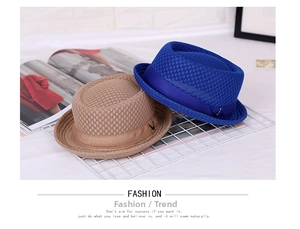 Detail view of breathable mesh fedora hats in royal blue and khaki with satin bands