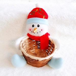 Detail of a snowman Christmas candy basket with plush hat and woven wooden storage base