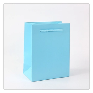 Bolsa de regalo vertical azul claro de papel con asas de cuerda sobre fondo blanco