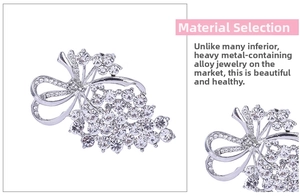 Detail of silver alloy brooch with sparkling rhinestones and flower motif texture