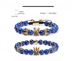 Dettagli del bracciale con perle di lapislazzuli 8mm, corona d'oro e misura da 18-21cm