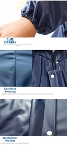Detail of waterproof raincoat with elastic cuffs, seamless heat-sealed seams and zipper storm flap