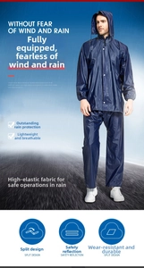 Deep blue heavy duty raincoat set with reflective safety stripes and waterproof pants
