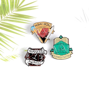 Detailed set of three colorful D20 enamel pins with RPG themes on a white background