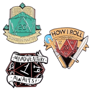 Set of 3 creative enamel lapel pins featuring TRPG dice and fantasy book designs for jackets