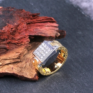Men's hip-hop ring with zircon-studded square top and two-tone watch-strap band