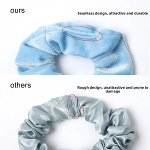 Comparison showing seamless stitching on velvet scrunchie versus rough seams on satin