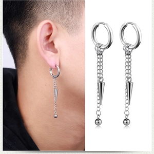 Silver stainless steel tassel chain earrings with conical pendant and punk industrial style