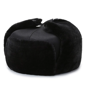 Classic black winter trapper hat with thick faux fur lining and windproof ear flaps