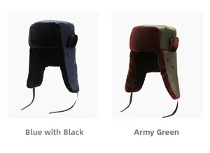 Detailed comparison of winter trapper hats in blue-black and army green with faux fur lining