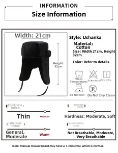 Detailed size chart for winter bomber hat with windproof ear flaps and cotton material