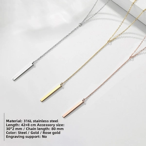 Detailed view of 316L stainless steel bar pendant necklaces in silver, gold, and rose gold