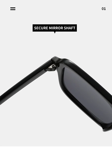 Close-up of secure metal hinge and reinforced screw on stylish black square sunglasses