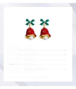 Detail showing Christmas bow bell earrings with pearls and KC gold finish dimensions