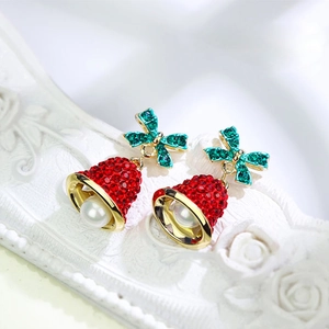 Christmas bow bell earrings with red green crystals and white pearls for women