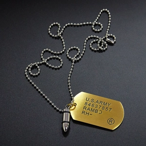 Hip-hop style gold dog tag necklace with silver bullet pendant and metal bead chain