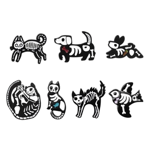 Creative animal skeleton enamel pin set with cat dog and rabbit motifs on white background