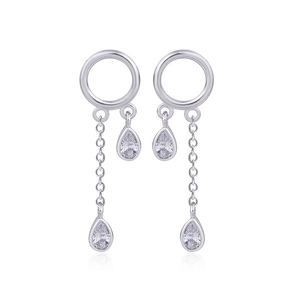 Elegant long silver drop earrings with sparkling water drop crystals and delicate chain