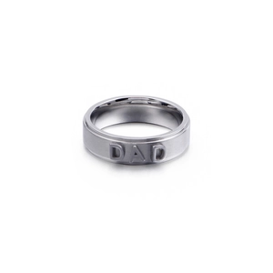 Polished silver stainless steel ring for men featuring a 3D embossed DAD letter design