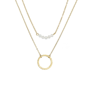 Collier double rang en acier inoxydable avec perles blanches et pendentif anneau martelé