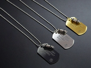 Three-color hip-hop dog tag necklaces with bullet pendants and Rambo military engraving