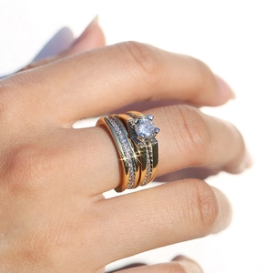Three-piece luxury gold-plated bridal ring set with round-cut AAA cubic zirconia diamonds