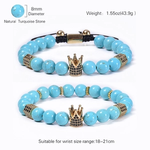 Natural 8mm turquoise beaded crown bracelet set with detailed size and weight specs