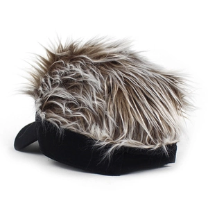 Detail of adjustable strap and realistic long hair wig attached to a black baseball cap