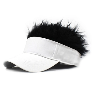 Detailed side view of white baseball cap with long black synthetic hair on top