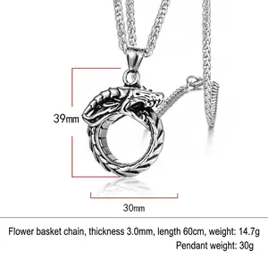 Mens vintage stainless steel ouroboros dragon pendant necklace with size measurements