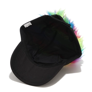 Black cotton baseball cap featuring colorful rainbow faux fur hair on the back