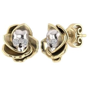 Gothic style gold rose stud earrings with silver skull center and sparkling zircon accents