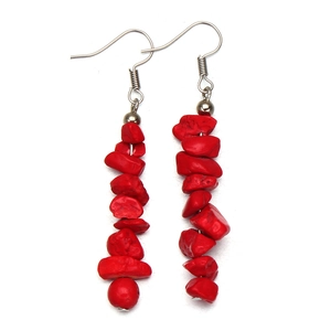 Minimalist stainless steel earrings featuring cascading red natural stone chips in folk style