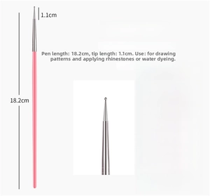 Detail of pink nail art dotting tool showing 18.2cm total length and 1.1cm tip size
