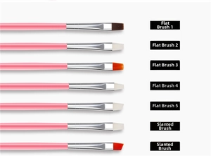 Detailed set of 7 pink nail art brushes including flat and angled tips for precision