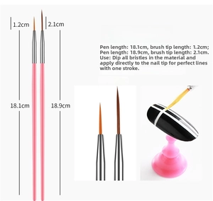 Detailed size chart of two pink nail liner brushes with synthetic fiber brush tips