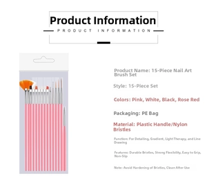 Detailed spec sheet for 15pcs pink nail art brush set showing various nylon bristle heads