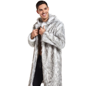 Men's long faux fur hooded coat in grey-white mottled texture with premium fluffy finish