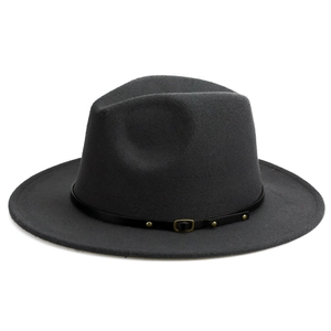 Detail of dark grey wool felt fedora featuring a black leather band and gold metal buckle