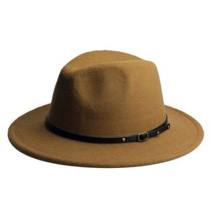 Detail of wool fedora hat featuring black leather strap and gold buckle adjustment