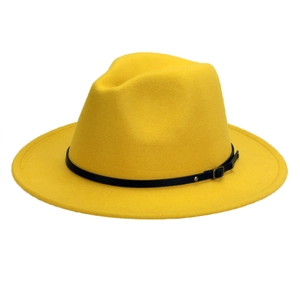 Detailed close-up of yellow felt fedora hat featuring a black leather band and metal buckle