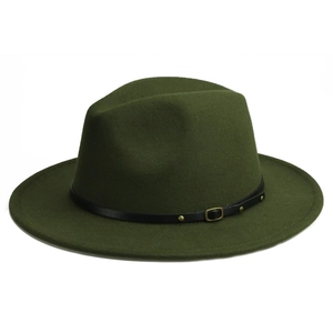 Detailed view of dark green wool fedora hat featuring a black leather buckle strap