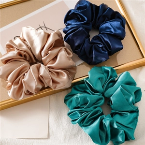 Large satin hair scrunchies in champagne, navy blue and dark green with silk gloss